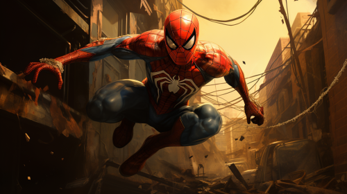 Spiderman swinging in an alley
